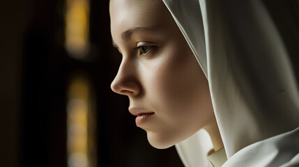 Woman with a white veil on her head