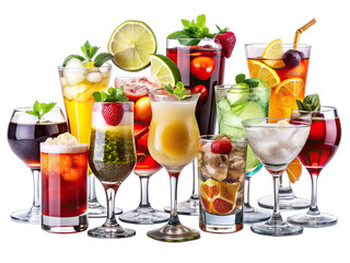 A selection of different cocktails and mocktails in various glass types are arranged on a white surface. The drinks are colorful and decorated with fruit and mint