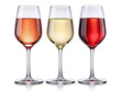 Three wine glasses, one filled with white wine, one with rose, and one with red, on a white background
