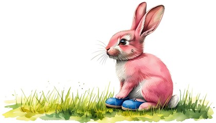 Joyful pink rabbit in blue shoes sitting on green grass, gazing towards the center, captured in a charming watercolor-style illustration on a white background