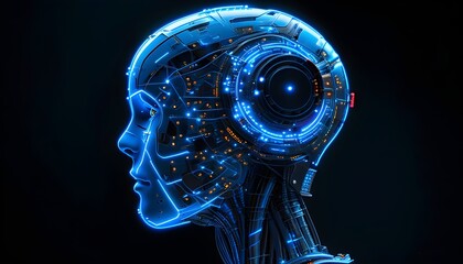 Wall Mural - Futuristic Robot Head Illuminated by Blue Neon Lights with Network Connection Lines and Points Against a Black Background