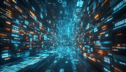 Aufkleber - A futuristic cityscape where holographic books and digital words flow through the air, showing the advancement of literacy in the digital age