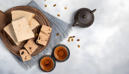 Wall Mural - Elegant display of traditional halva with raisins alongside a brewing teapot, capturing the essence of eastern culinary delights