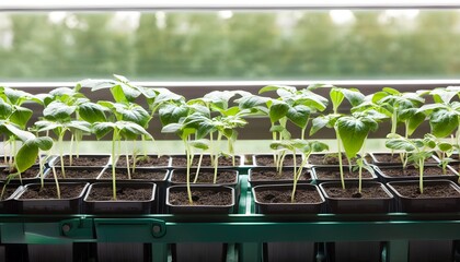 Wall Mural - Vibrant green cucumber seedlings thriving in pots, showcasing the journey of vegetable growth in a vertical perspective.