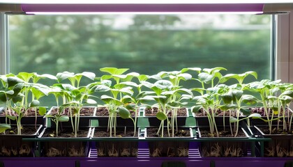 Vibrant young cucumber seedlings thriving under UV phytolamps in cozy seedling pots, embodying the essence of home gardening and sustainable vegetable growth