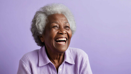 Poster - Joyful elderly Jamaican woman with expressive laughter on a soft lavender background