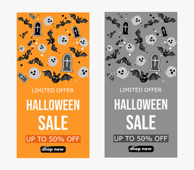 halloween sale, set templates of discount banners, flyers with cute ghosts, bats to promote purchases in the autumn season. modern bright vector illustration en pumpkin orange, black  and grey colors.