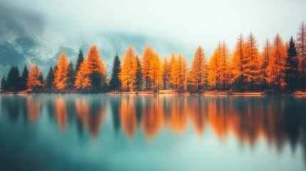 Wall Mural - Vibrant autumn trees reflect beautifully on a calm lake, creating a serene and picturesque landscape in nature