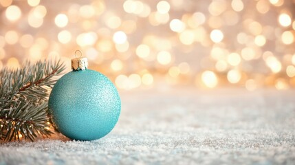 Wall Mural - A turquoise Christmas ball sits gracefully beneath a pine branch, illuminated by shimmering bokeh lights, evoking a joyful holiday spirit