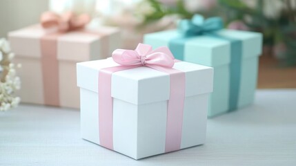 Wall Mural - Assorted pastel gift boxes with elegant ribbons sit on a wooden surface, perfect for celebrating events and giving thoughtful presents