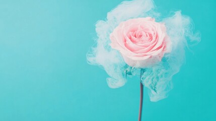 Wall Mural - An enchanting blue and pink rose emerges from swirling smoke, creating a dreamy and ethereal atmosphere in the scene