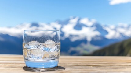 A crystal-clear glass of ice cubes sits on a wooden table, surrounded by breathtaking mountains under a clear blue sky