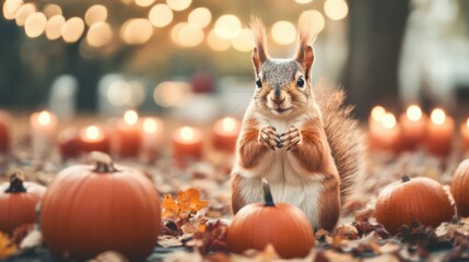 Sticker - A squirrel stands among pumpkins and candles, enjoying the vibrant autumn atmosphere with colorful leaves scattered around