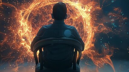 Man is sitting in a chair, immersed in a swirling vortex of particles, representing a brain computer interface and the merging of man and machine