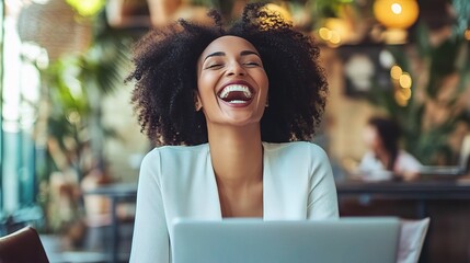 Sticker - Joyful Woman with Laptop in Bright Cafe Setting