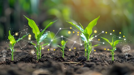 Corn seeding growing in the soil with digital technology system