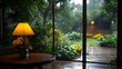 © Hesti - A lamp glows on a table near a window as rain falls outside, creating a cozy atmosphere.