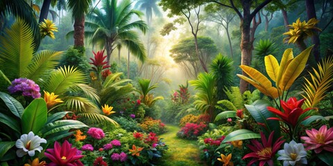 Vibrant tropical forest with colorful flowers creating a paradise background , tropical, forest, vibrant, flowers, colorful