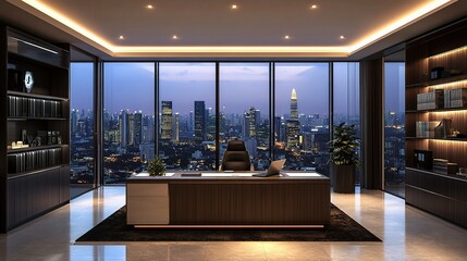 Poster - Modern Office Interior with Cityscape View at Dusk