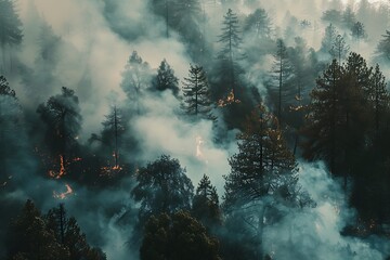 Forest fire, burning trees in the forest