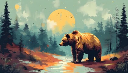 Wall Mural - Bear character escaping the chaos of the digital world in a vibrant graphic design composition