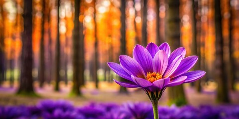 Wall Mural - Vibrant purple and orange flower amidst a forest with purple trees in the background, flower, purple, orange, petals, forest