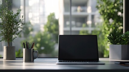 Wall Mural - Modern Workspace with Plants and Laptop