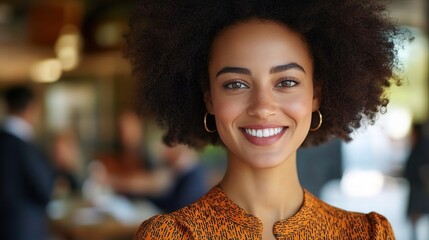 Poster - Confident Woman Smiling in Modern Workspace