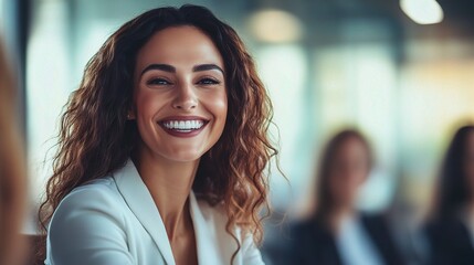 Poster - Professional Woman Smiling in Modern Office Setting