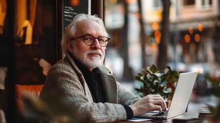 Poster - Elderly Man Working on Laptop in Cozy Café