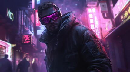 Wall Mural - Cyberpunk Man in Neon City