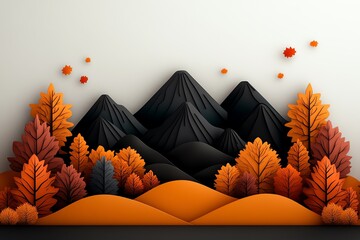 Leinwandbilder - Minimal autumn mountain landscape, with clean lines and simple color blocks representing mountains, trees in fall colors, and a soft gradient sky