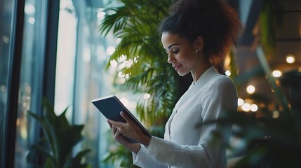 Wall Mural - Businesswoman Using Tablet in Modern Office Setting