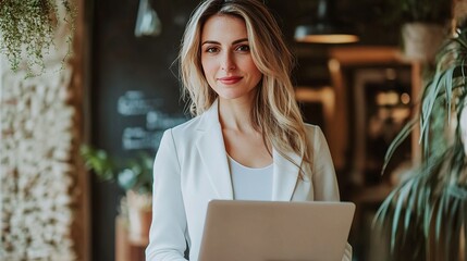 Wall Mural - Professional Woman with Laptop in Modern Workspace