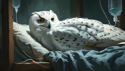 Wall Mural - Surreal scene of a white owl gently resting on a bed, sustained by an IV drip in a graphic art style.