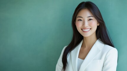 A young woman serene smile and elegant pose against a soft green setting emphasize her natural grace and allure.