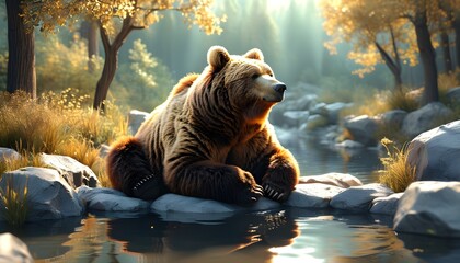 Wall Mural - Bear character relishing a tranquil detox retreat in a serene natural setting, vibrant 3D art