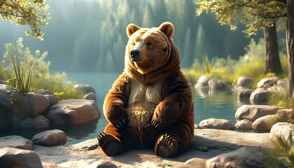 Wall Mural - Bear character relishing a tranquil detox retreat in a serene natural setting, vibrant 3D art