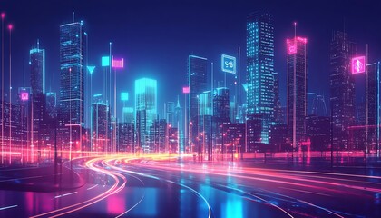 Aufkleber - Smart City Connected by 5G Technology with Glowing Data Waves Above Towers
