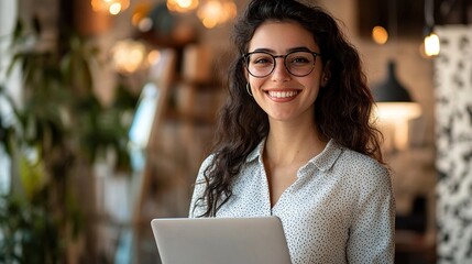 Canvas Print - Confident Woman Holding Laptop in Bright Workspace