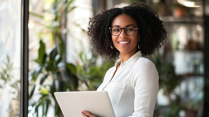 Canvas Print - Confident Woman Holding Tablet in Bright Workspace