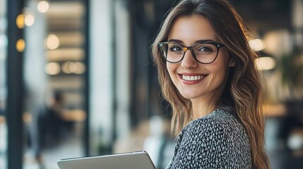 Poster - Smiling Woman with Tablet in Modern Workspace