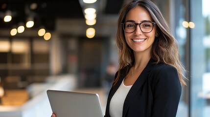 Sticker - Confident Businesswoman Holding Laptop in Modern Office