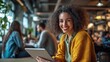 © WS Studio 1985 - Smiling Woman with Tablet in Cafe Setting