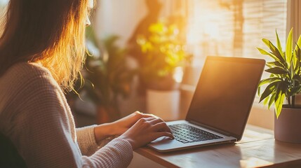 Poster - Woman Working on Laptop in Warm Sunlight