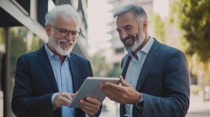 Wall Mural - Businessmen Collaborating with Digital Tablet Outdoors