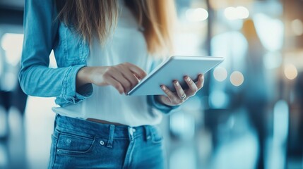 Poster - Young Woman Using Tablet in Bright Environment