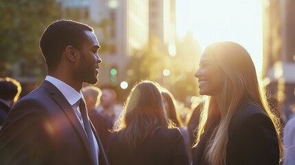 Canvas Print - Smiling Professionals in Urban Sunset Glow