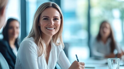 Canvas Print - Professional Woman Smiling in Modern Meeting Room