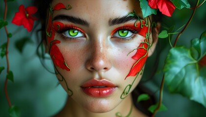 Enchanting close-up of a woman’s green eyes adorned with vibrant red makeup, set against a backdrop of lush green flora and delicate vines